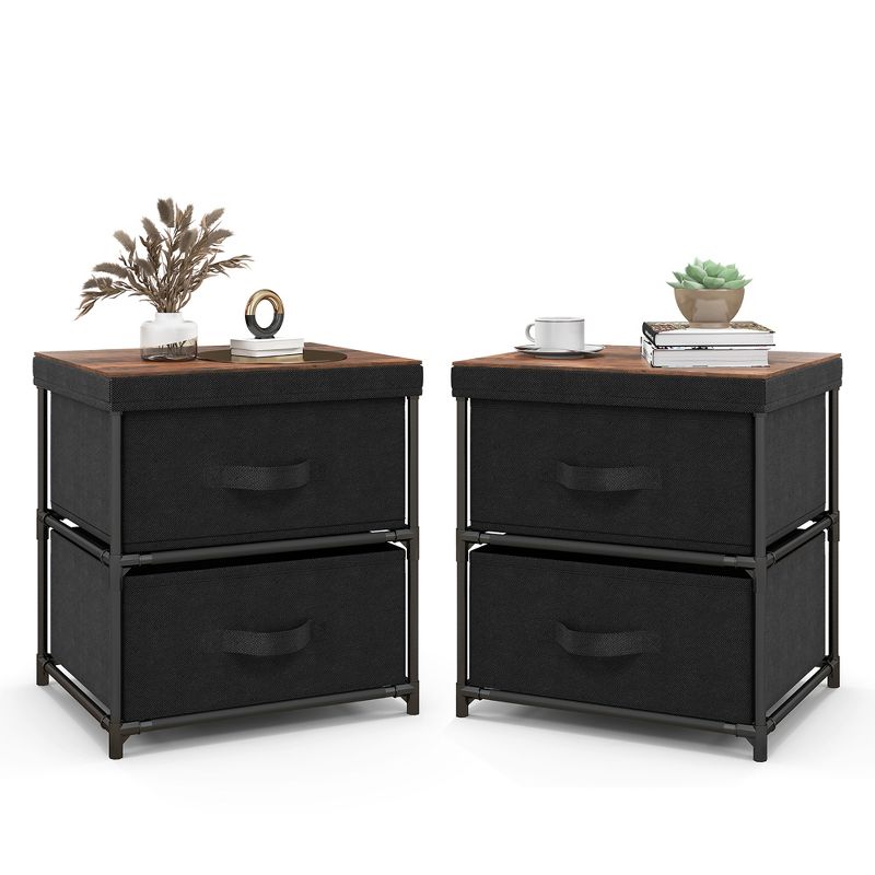 Costway 2PCS Fabric Bedside Table 2 Drawers Nightstand Small Dresser Bedroom Living Room