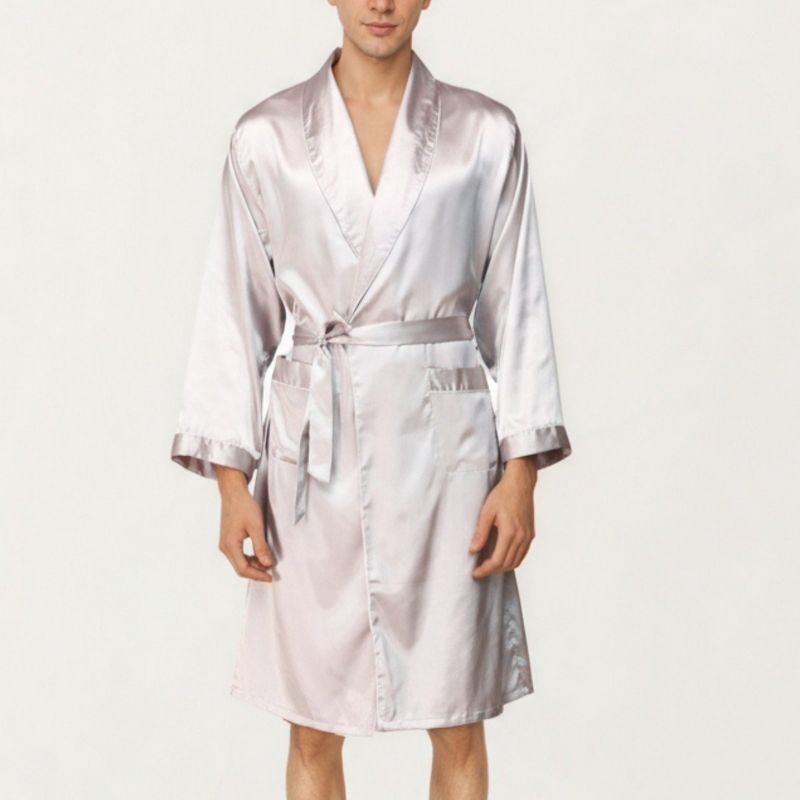 Anna-Kaci Lounge Men's Satin Robe with Shawl Collar Waist Tie and Front Pockets- Medium, Gray