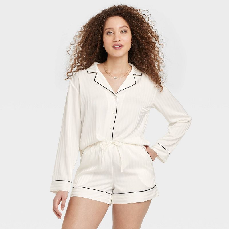 Women's Luxury Collection Shadow Striped Satin Notch Collar Top and Shorts Pajama Set - Auden™ White M: Recycled Polyester
