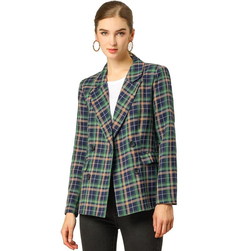 INSPIRE CHIC Women's Casual Fit Notched Lapel Double Breasted Plaid Formal Blazer Medium Blue Green