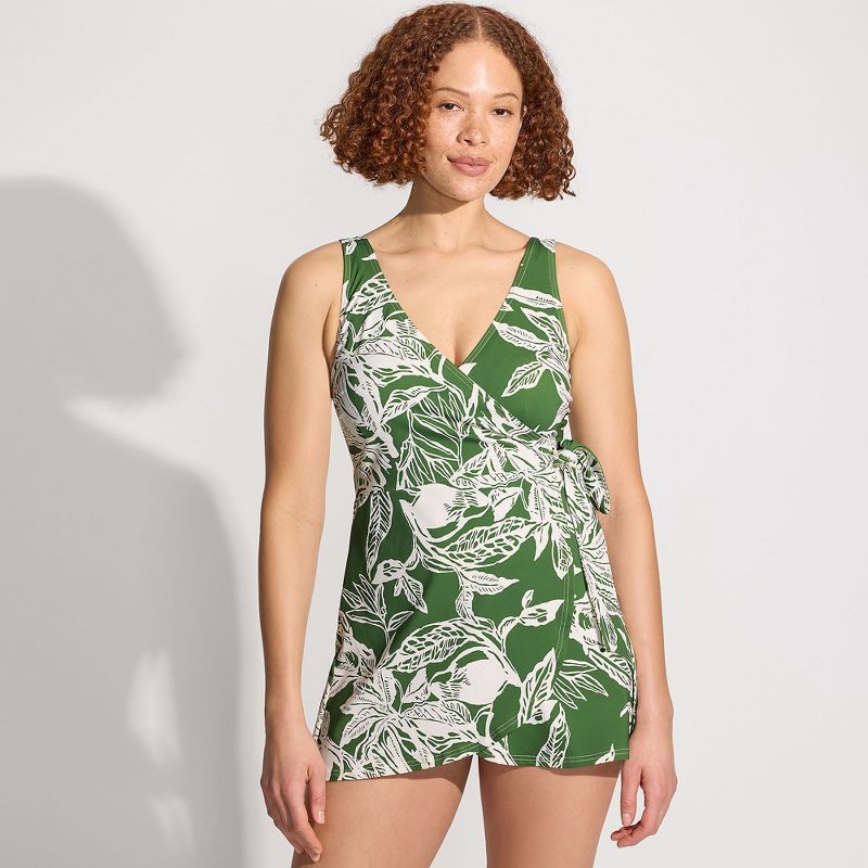 Lands' End Women's Side Tie Mini Swim Dress Swimsuit - 2 - Fusion Green Etched Leaves