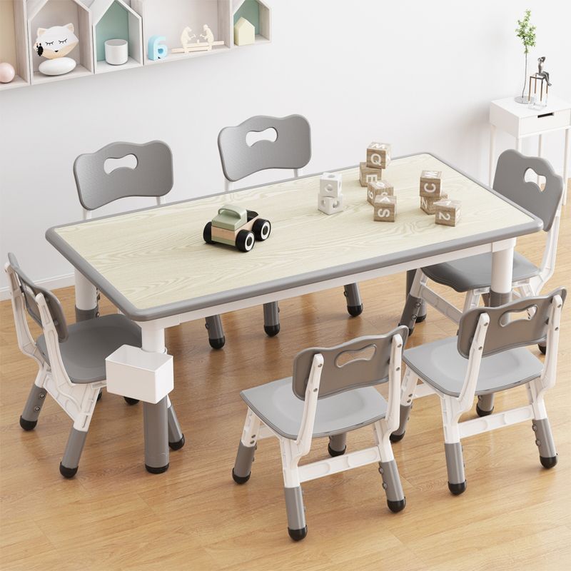 Whizmax Kids Table and Chair Set 120*60 CM, Height Adjustable Toddler Table and 6 Chairs Set for Ages 2-10, Graffiti Desktop, Non-Slip Legs,Gray