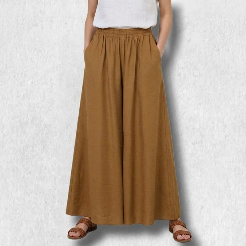 Women Flowy Wide Leg Pants High Waisted with Elastic Waistband, Boho Palazzo Beach Pants Camel S