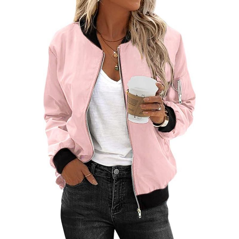 Zeagoo Women's Bomber Jacket Casual Coat Zip Up Spring Fall Clothes with Pockets Pink S