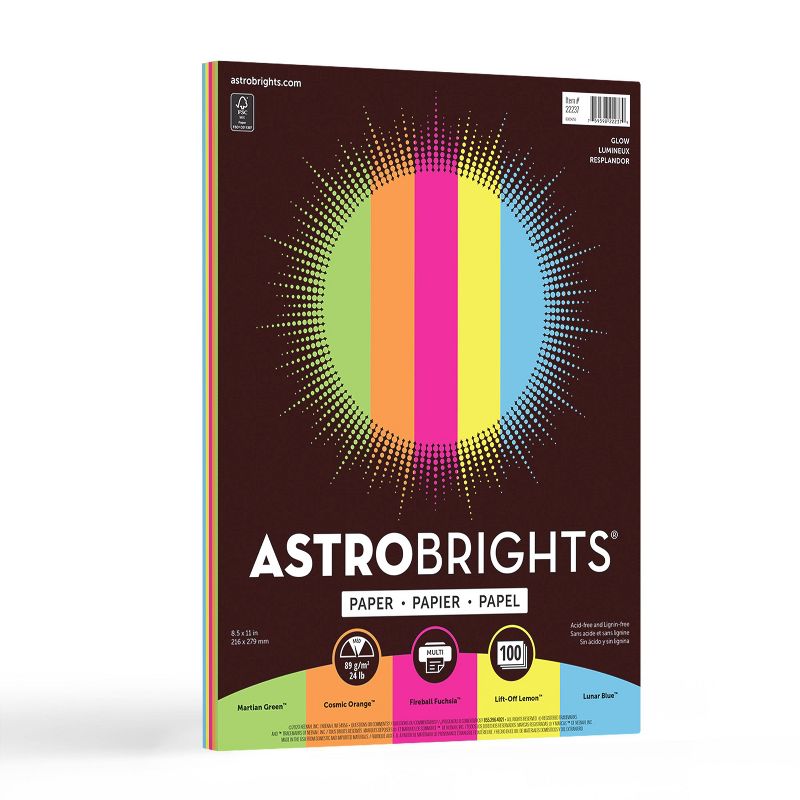 Astrobrights Colored Paper 8.5" x 11" 24lb 100ct Glow: Neon Multicolor Matte Printer Paper, 94 Brightness, 20lb Weight
