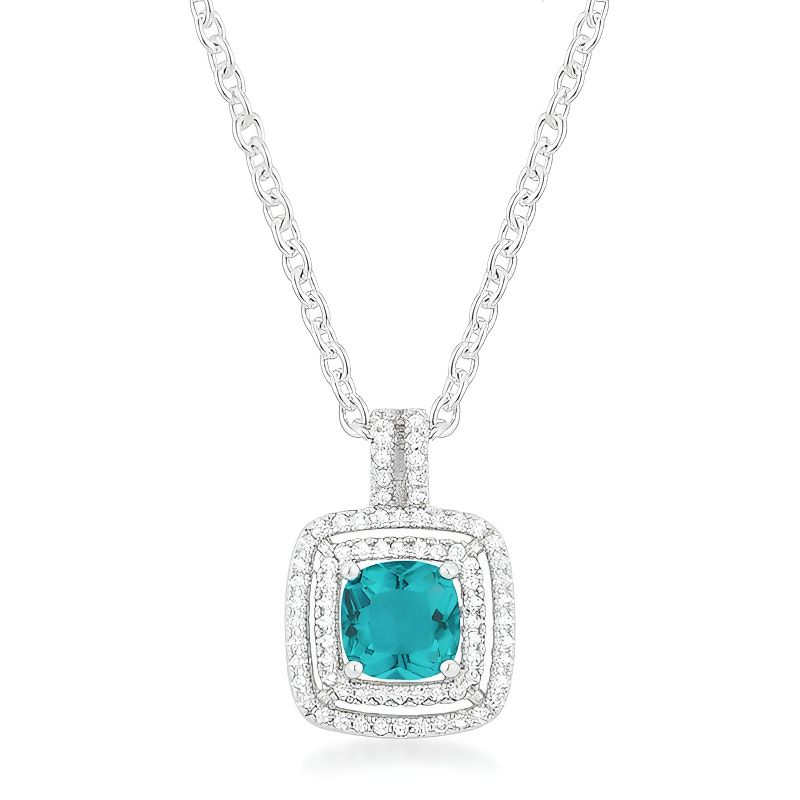 Slickblue Aqua Halo Pendant Necklace for Women – Rhodium Finish, Princess Cut Aqua CZ, 18” Adjustable Chain