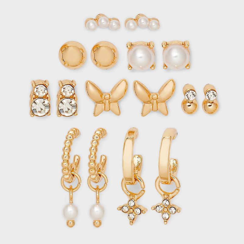 Pearl Stud Hoop Butterfly Flower Earring Set 8pc - A New Day™ Gold: Hypoallergenic Nickel-Free Metal