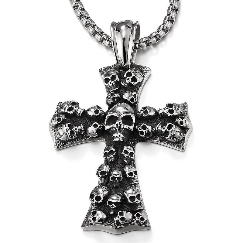 Mens Large Gothic Vintage Skulls Cross Pendant Necklace of Steel, Wheat Chain