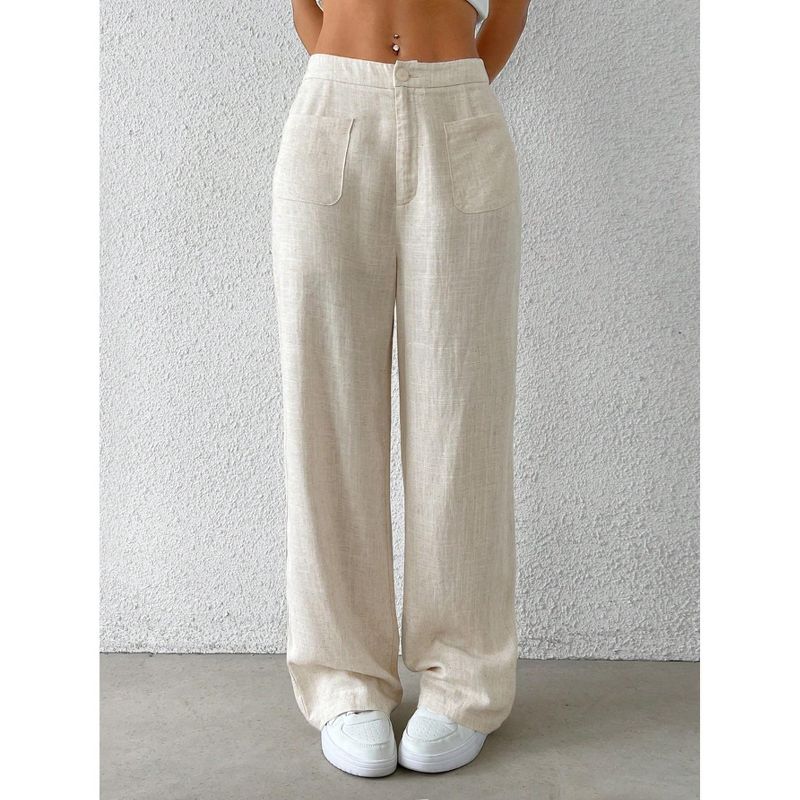 Coolmee Women's Linen Casual High Waist Straight Wide Leg Linen Pants Button Zipper Trousers with Pockets L Apricot