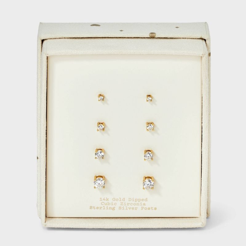 14K Gold Plated Cubic Zirconia Round Stud Earring Set 4pc - A New Day™ Gold