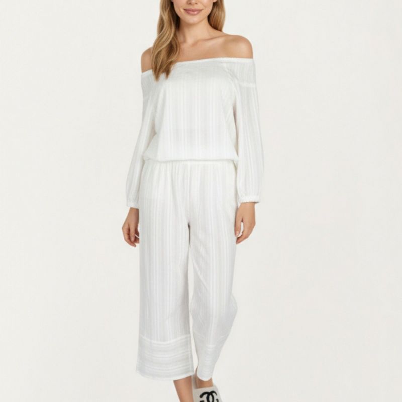 Anna-Kaci Lounge Women's 2-Piece Set Long Sleeve Gathered Neckline Top and Relaxed Fit Pants Pajama Set in Lightweight Fabric - Medium, White