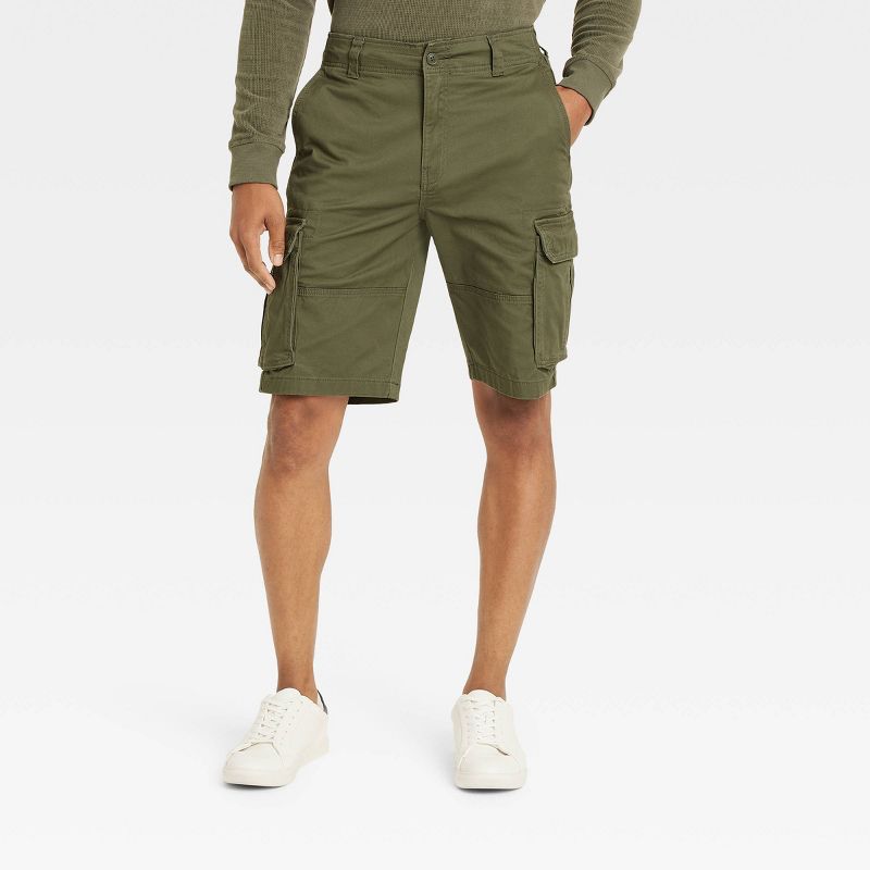 Men's 11" Cargo Shorts - Goodfellow & Co™ Olive Green 40: Cotton-Spandex Blend, Mid Rise, Fly Button Closure