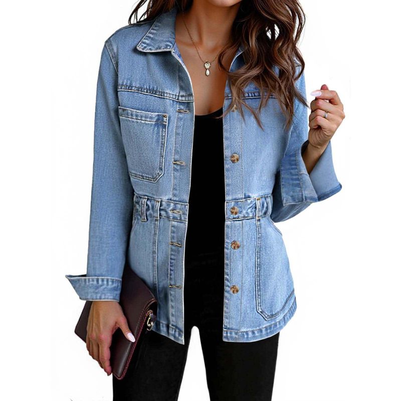 Imily Bela Denim Jacket for Women Distressed Jean Jacket Button Down Oversized Shacket with Pockets Light Blue L